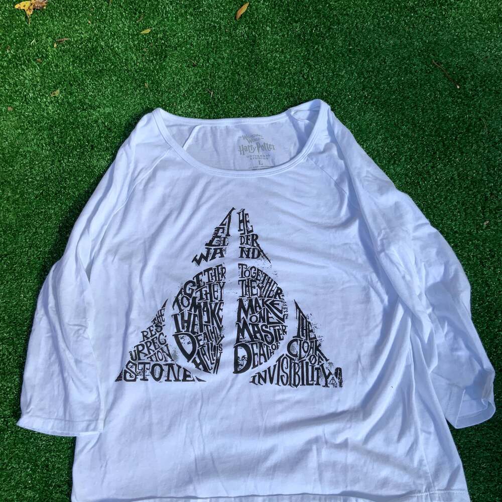 Wizarding World of Harry Potter Deathly Hallows Text Symbol 3/4 Sleeve Shirt